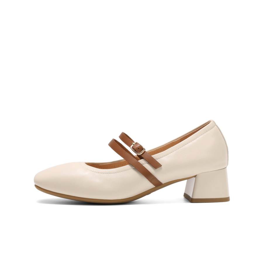BELLE Sheepskin Chunky Heel Mary Jane Shoes 4cm Women's