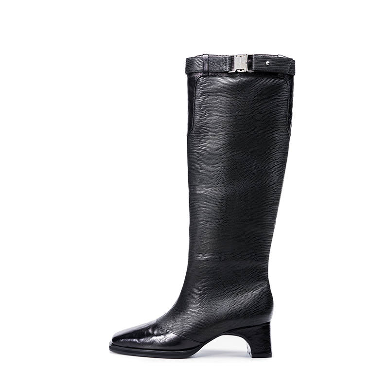 R'AZZURRO Top Grain Cow Leather Knee high Boots Women's Mysterious Black