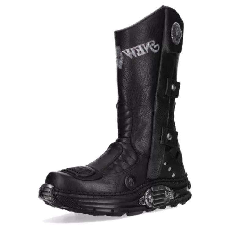 NEW ROCK Top Grain Cow Leather Knee high Boots 5CM Unisex Black