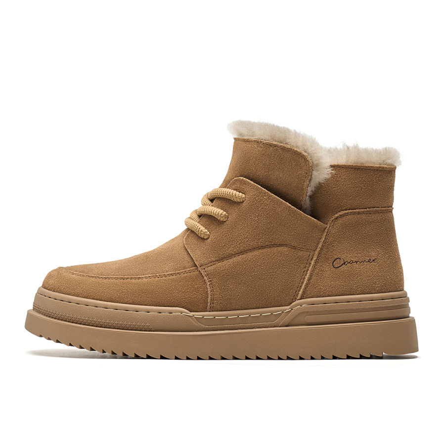 C°BANNER Cow Split Leather Classic Fleece Lined Minimalist Style 9cm Snow Boots Men's Yellow Brown