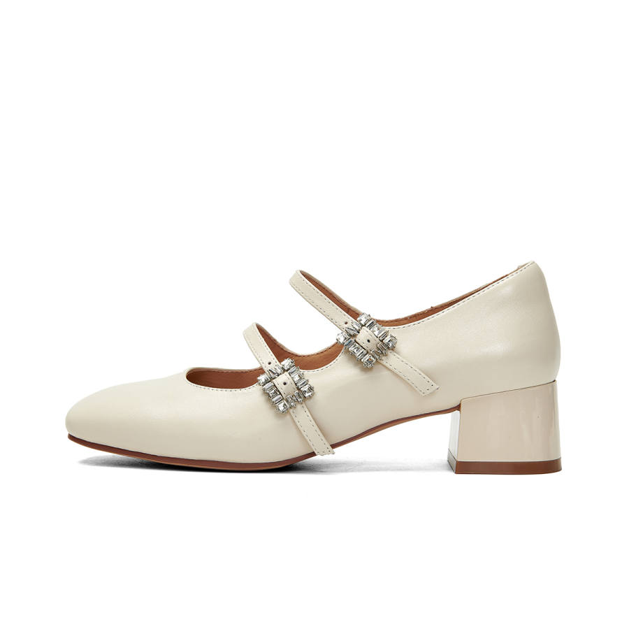 PT'SON Cow Leather Chunky Heel Mary Jane Shoes Women's