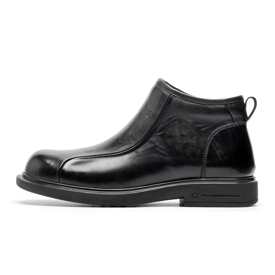 C°BANNER Top Grain Cow Leather Business Commuting Fleece Lined Minimalist Style Versatile Ankle Boots Men's Black