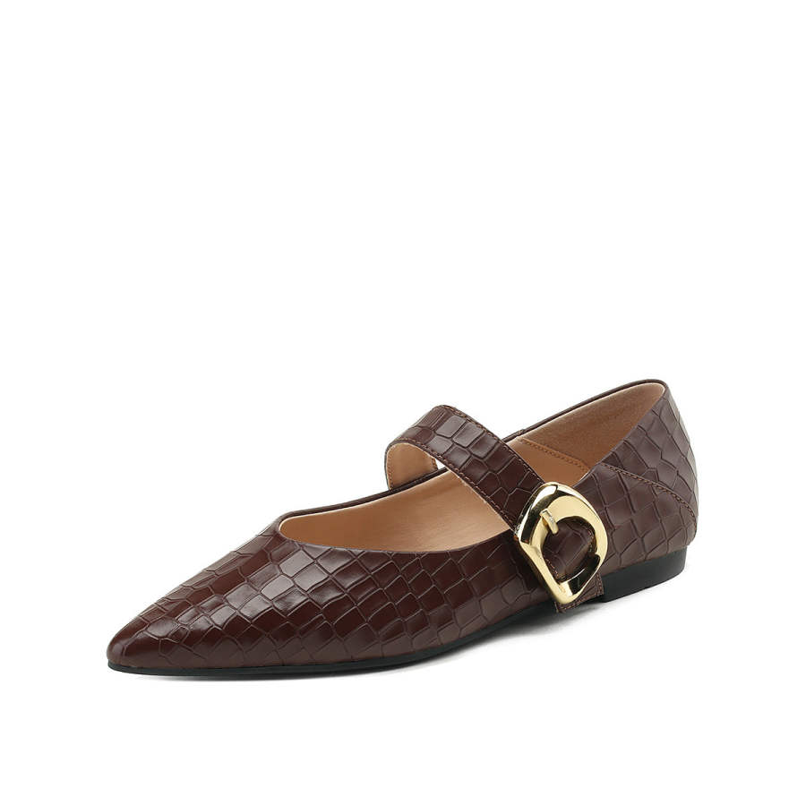Mulinsen Cow Leather Chunky Heel Mary Jane Shoes 1.2cm Women's Brown