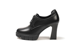 POOQ Top Grain Cow Leather Chunky Heel High Heels 8cm Women's Black