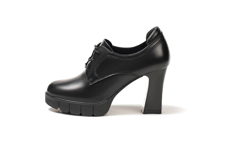 POOQ Top Grain Cow Leather Chunky Heel High Heels 8cm Women's Black