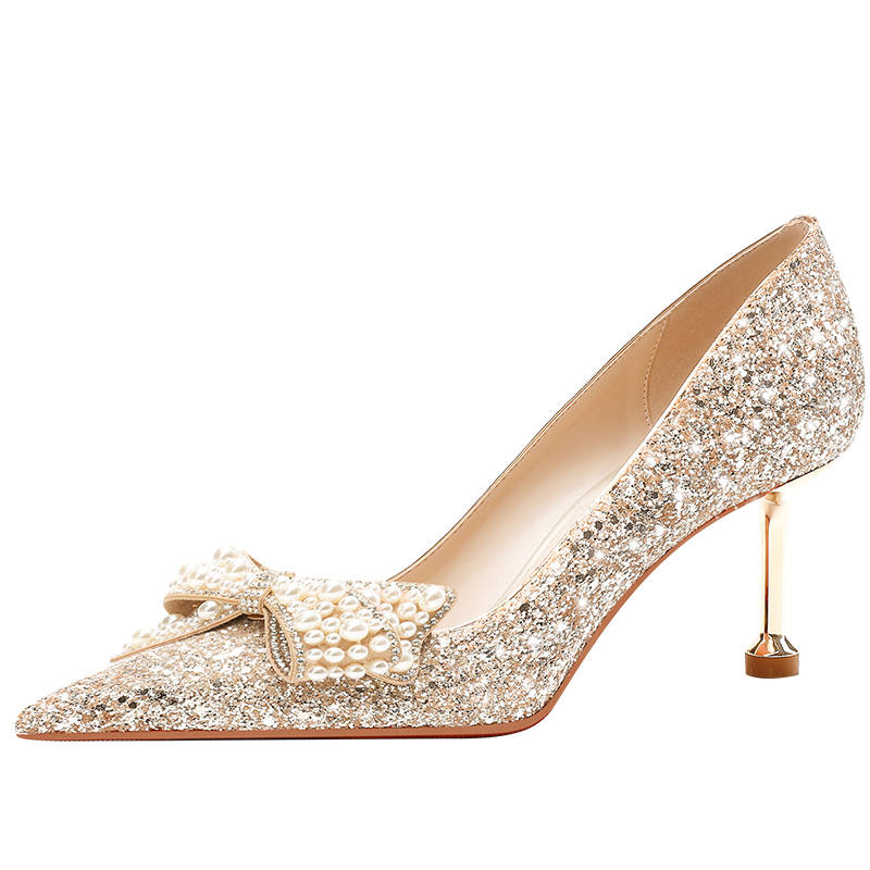 LANMOU Shinny Leather Slim Heel High Heels 6.5cm Women's Gold