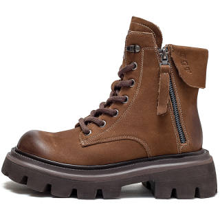 MATA Top Grain Cow Leather Platform Chunky Heel, Fleece Lined Thermal Combat Boots 6CM Women's