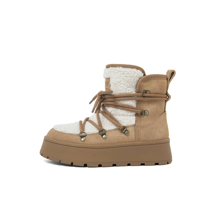 COMELY Cow Suede Platform Lace Up Fleece Lined Short Snow Boots Women's