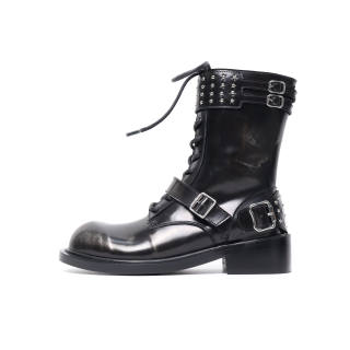 Asthershop Cow Split Leather Short Combat Boots Women's Black