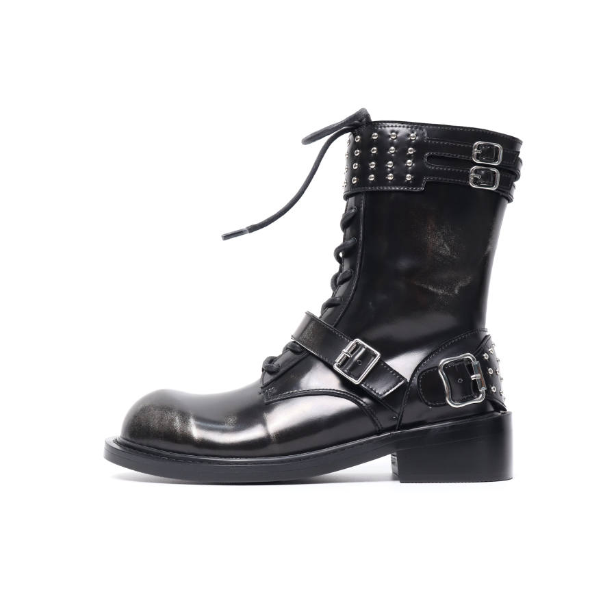Asthershop Cow Split Leather Short Combat Boots Women's Black