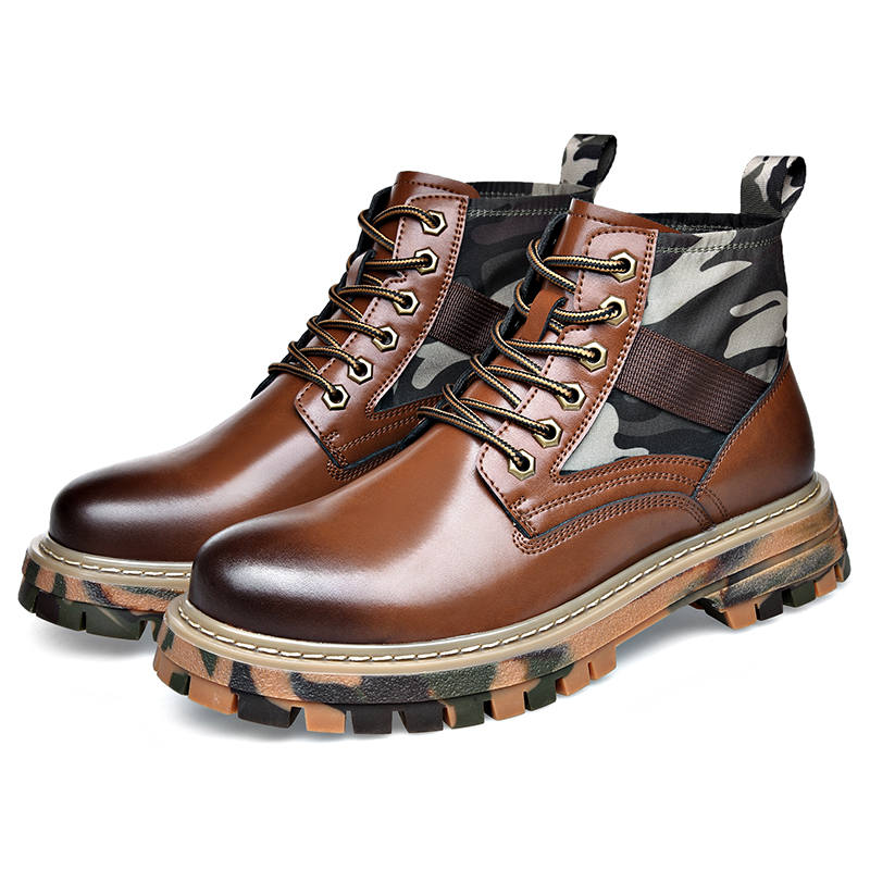 KAQIAODI Cow Split Leather Short Mid Calf Combat Boots Men's