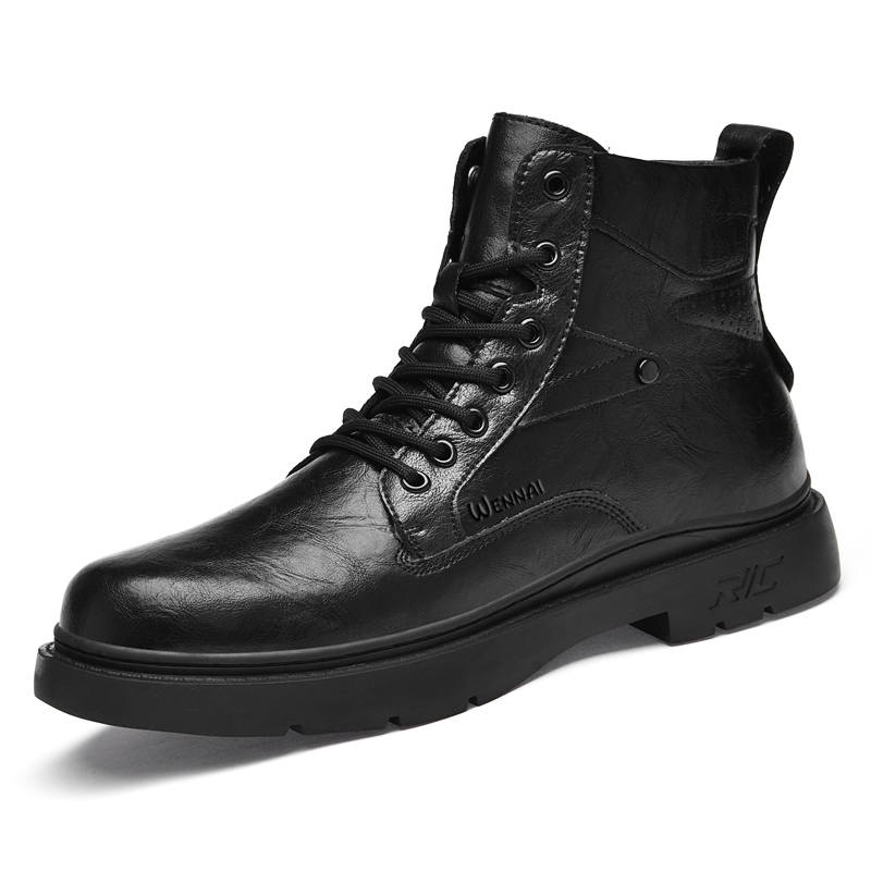 WENNAI Top Grain Cow Leather Short Combat Boots Men's Black