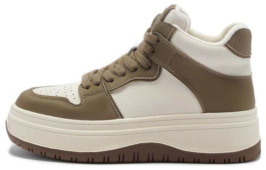 C°BANNER Leather Fleece Lined Color Block Fashion High top Skateboard Shoes Women's Coffee