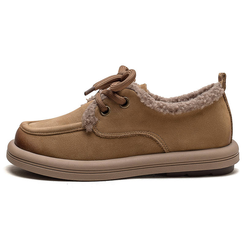 JIEZHOU Top Grain Cow Leather Fleece Lined Thermal, Flat, Fashion 3cm Women's Casual Shoes Women's