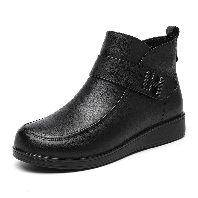 XINNUO Cow Leather Middle Aged Fleece Lined Mom Sneakers Ankle Boots Women's Black