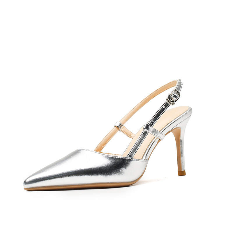 HKCP Patent Leather Slim Heel High Heels Women's Silver