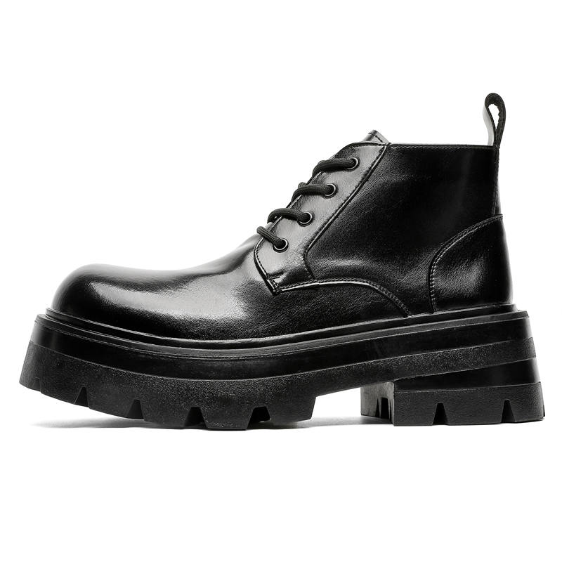 V05 Chelsea Boots British Style Black Combat Boots Couple Shoes Trendy Platform Height Increasing Biker Work Boots