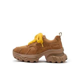Talitaqoom Textile, Split Cow Leather Lightweight Height Increasing Low top Chunky Sneakers Women's Dark Brown