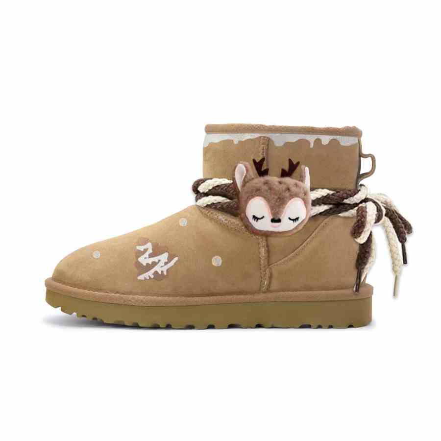 UGG CLASSIC MINI Flower Knot Elk, Winter Tale Sheepskin Thermal Abrasion Resistant Short Snow Boots Women's Chestnut