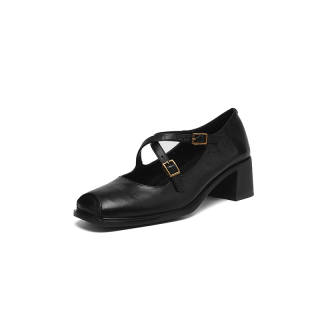 Hankermeet Top Grain Cow Leather Chunky Heel Mary Jane Shoes 5CM Women's