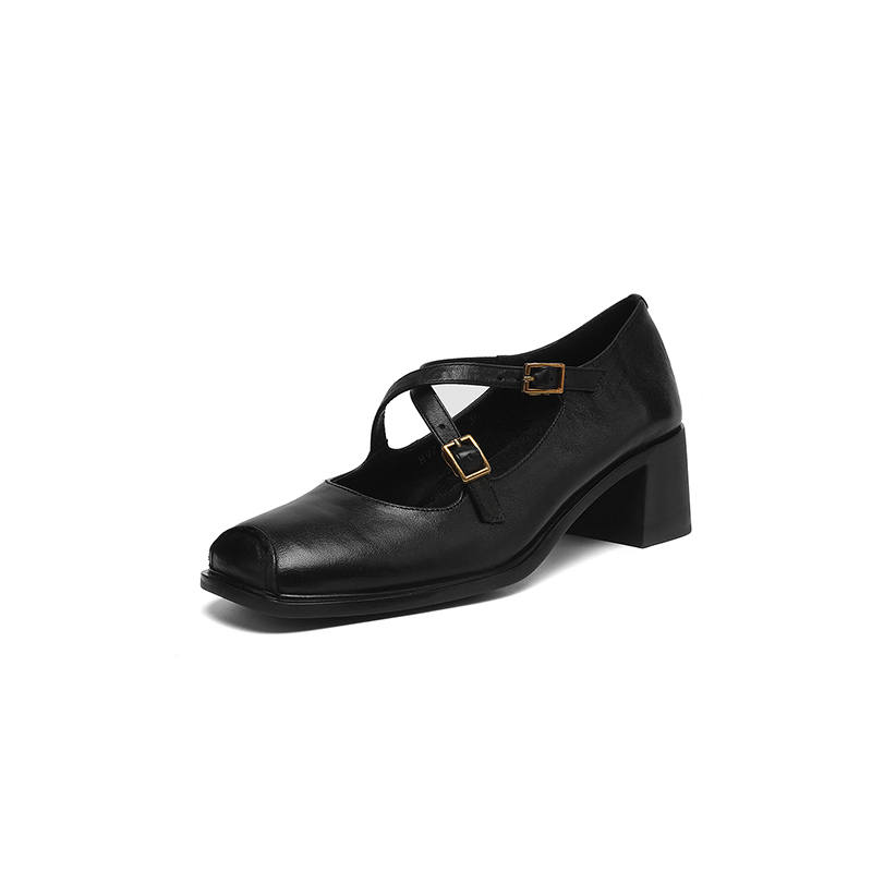 Hankermeet Top Grain Cow Leather Chunky Heel Mary Jane Shoes 5CM Women's