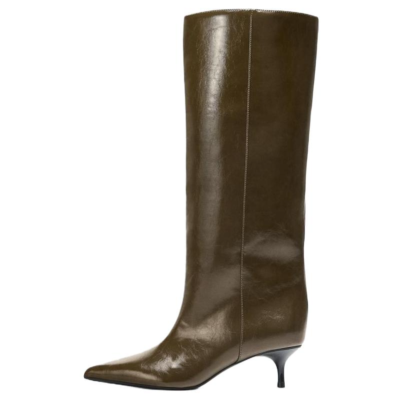 ZARA Pu Knee high Boots 5.5cm Women's Khaki Green