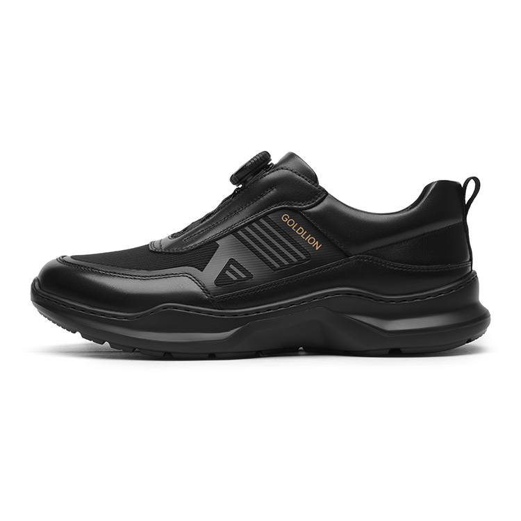 GOLDLION Textile, Top Grain Cow Leather Slip Resistant Lightweight Low top Casual Shoes Men's Black