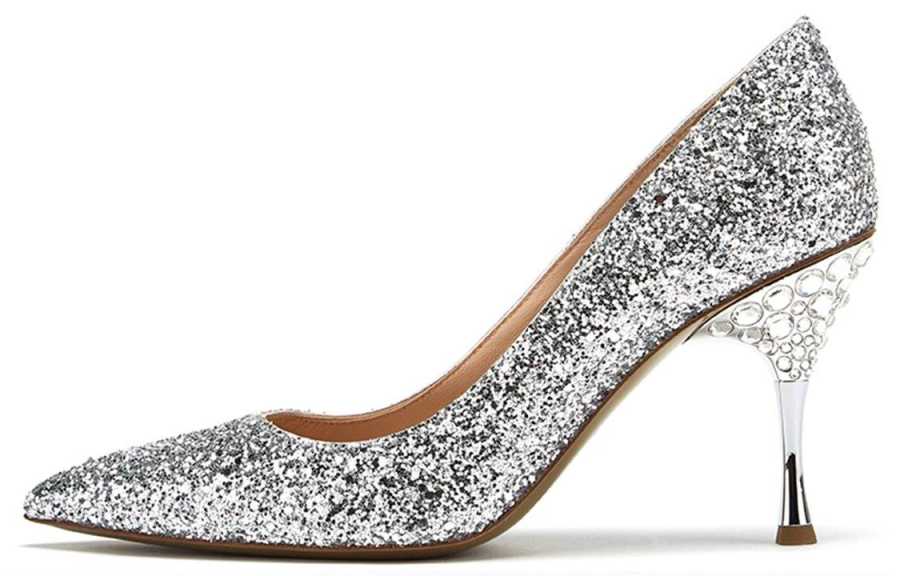 BLOCCO5 Light Of The Future Rhinestone Sequins Decorated Evening Shoes Slim Heel High Heels 8.5cm Women's Silver