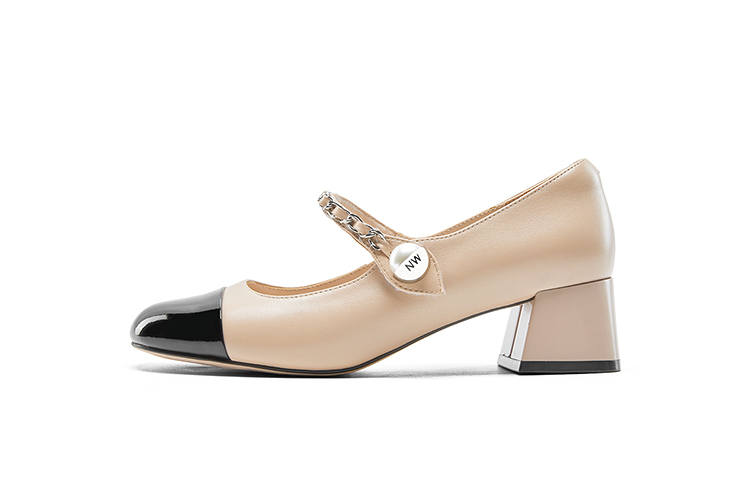 NINE WEST Cow Leather Sheepskin Chunky Heel Mary Jane Shoes Women's