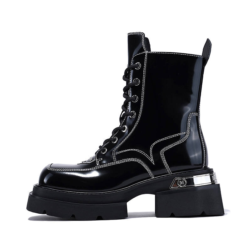 BELLALILY Top Grain Cow Leather Crew Combat Boots 6cm Women's