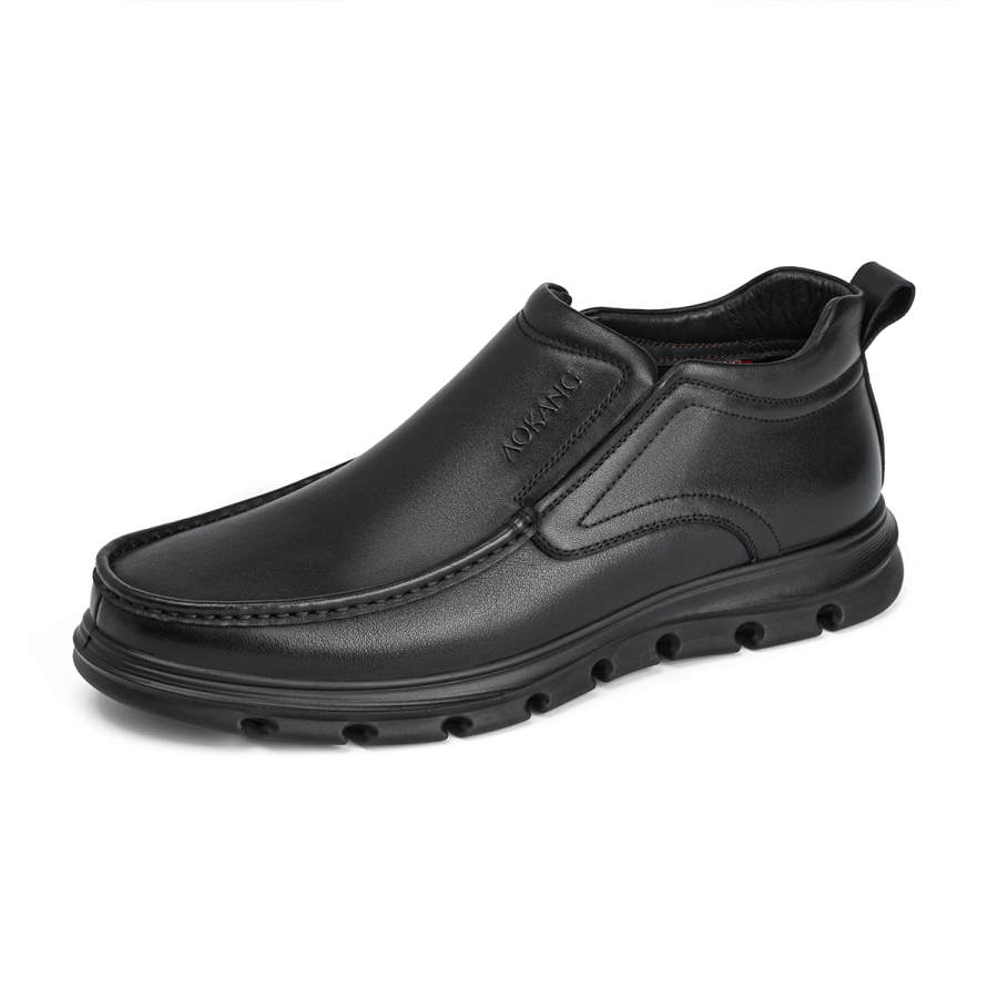 AOKANG Cow Leather Thickened And Fleece Lined, Platform Height Increasing, Fashion Trend Casual Shoes Men's Black