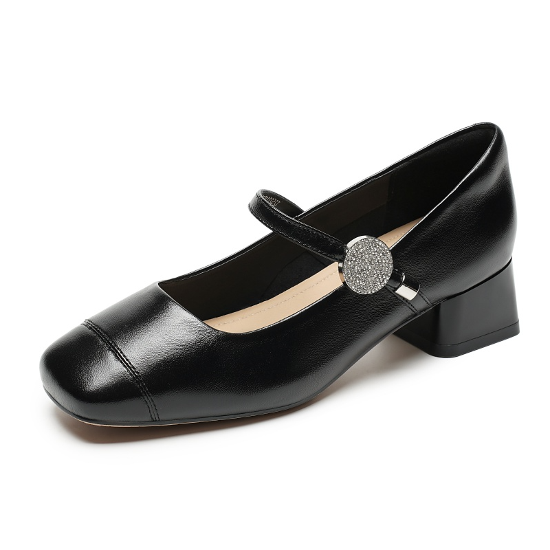 AOKANG Sheepskin Chunky Heel Mary Jane Shoes Women's Black