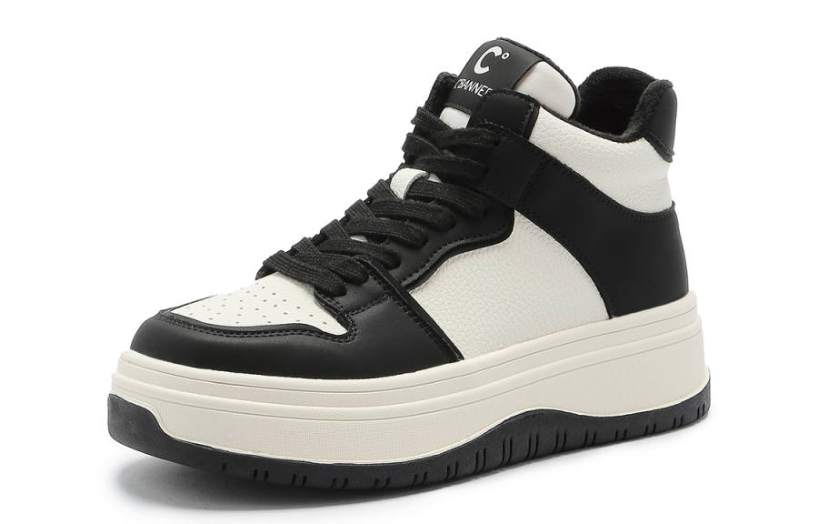 C°BANNER Leather Fleece Lined Color Block Fashion High top Skateboard Shoes Women's Black