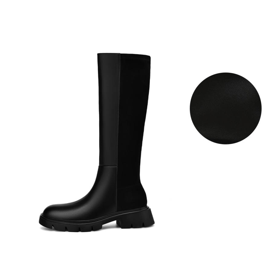 BOERDIQI Knight Boots Top Grain Cow Leather Fashionable And Versatile Casual Fleece Lined Knee high Boots 4cm Women's