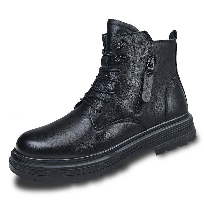 KAQIAODI Cow Split Leather Short Mid Calf Combat Boots Men's Black