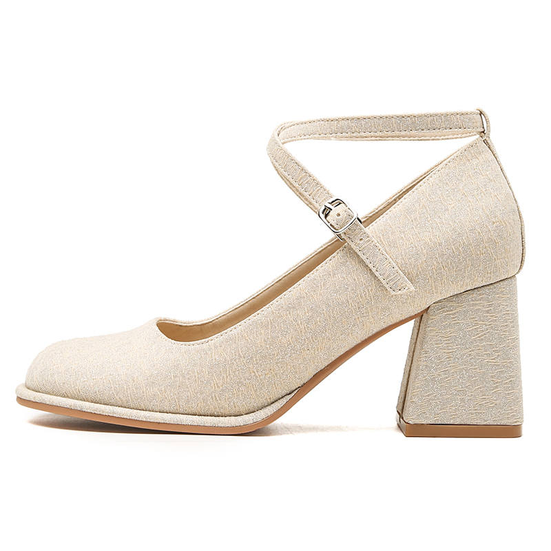 KATHRYN WILSON Microfiber Leather Chunky Heel Mary Jane Shoes 7cm Women's Beige