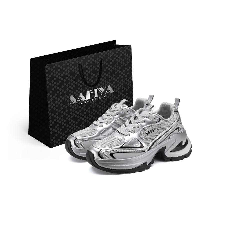 Safiya Textile, Synthetic Leather Low top Chunky Sneakers Women's Silver Gray