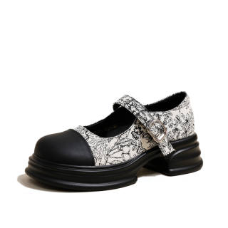 Ouumeis Leather Chunky Heel Mary Jane Shoes 5CM Women's