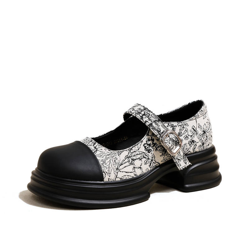 Ouumeis Leather Chunky Heel Mary Jane Shoes 5CM Women's
