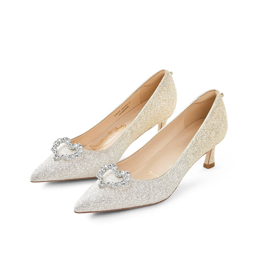 7or9 Flowing Gold Champagne Glitter Leather Slim Heel High Heels Women's