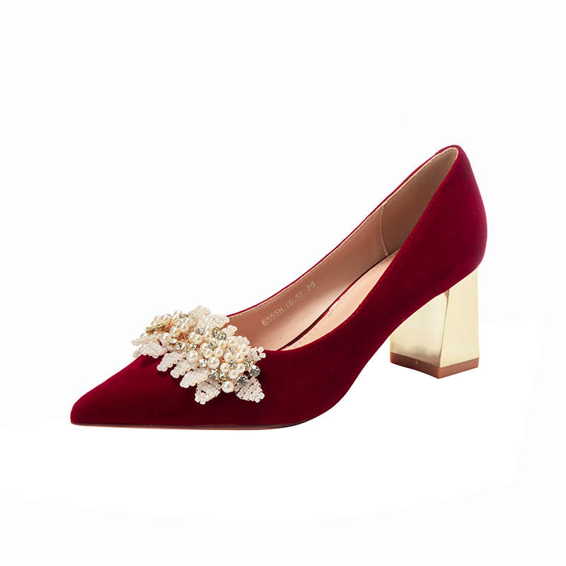 HKCP Suede Chunky Heel High Heels 6.5cm Women's Red