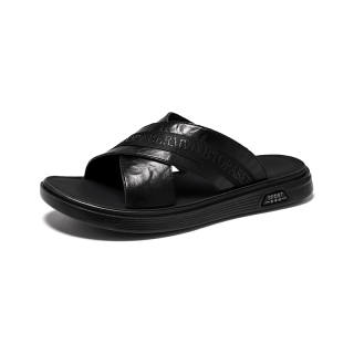 V ZERO FIVE Rubber Sole Leather Patchwork Slip Resistant Abrasion Resistant Slide Slippers Men's Black Youth Trendy