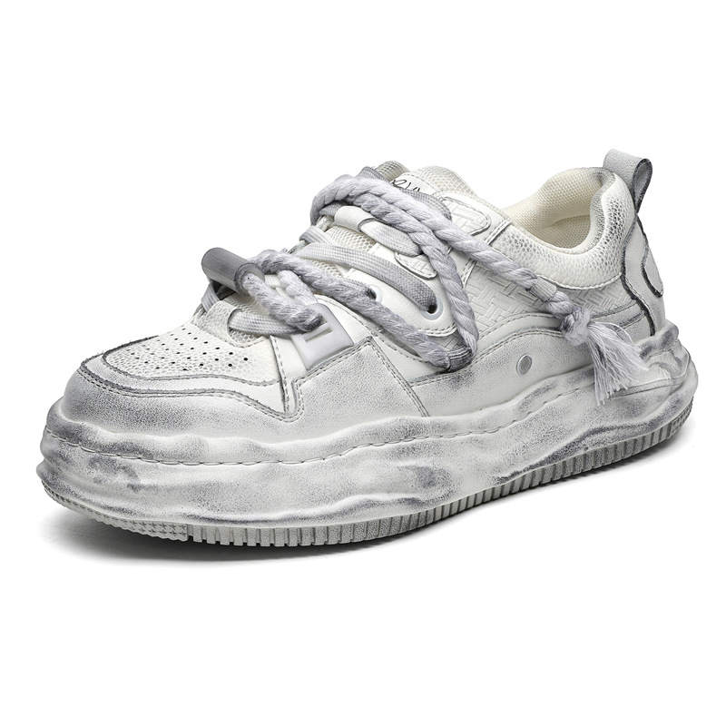 WEISHIBANGWEI Cow Split Leather Height Increasing Low top Skateboard Shoes Men's White Gray