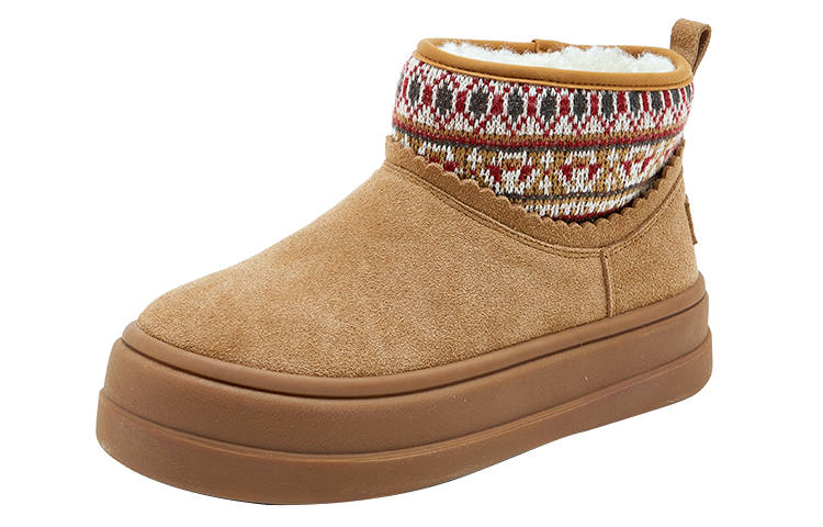 Joy&Mario Ethnic Style Thermal, Fleece Lined Platform Ankle Length Snow Boots Women's Camel