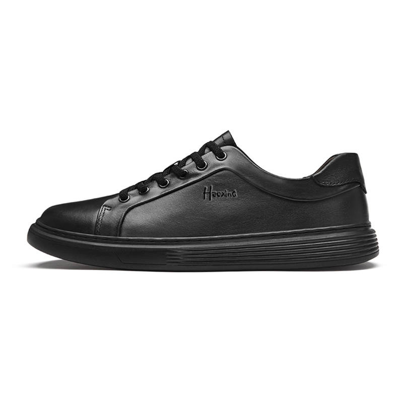 HAOXING Top Grain Cow Leather Slip Resistant Slip Resistant Low top Skateboard Shoes Men's Black