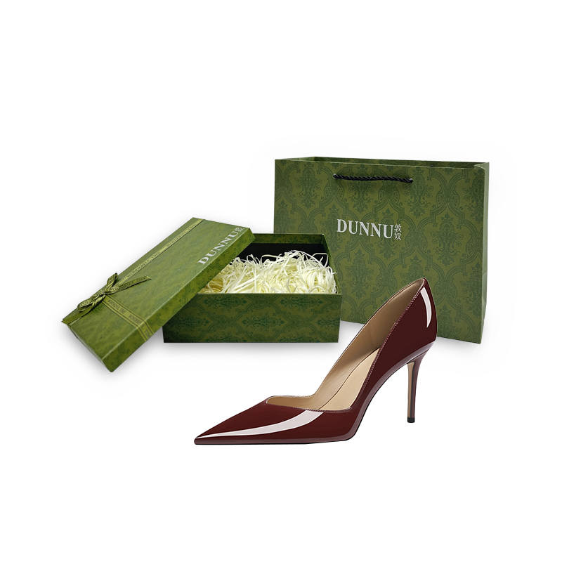 DUNNU Leather Slim Heel High Heels 8cm Women's Burgundy Gift Box Set