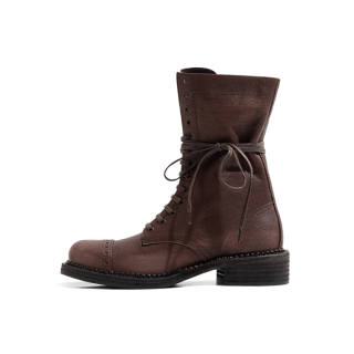 LAOMIAO Cow Leather Short Combat Boots Women's Dark Brown