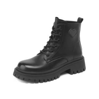 CORALDAISY PU Short Mid Calf Combat Boots 6cm Women's Black