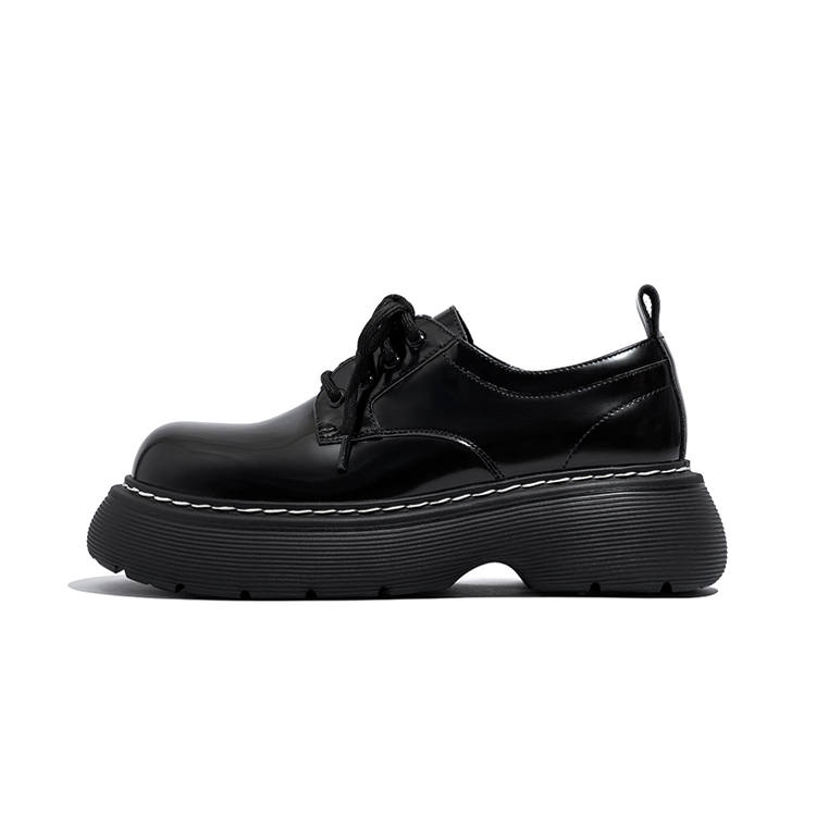 LAOMIAO Cow Split Leather Lace Up British Style, Loafers 5.5cm Women's Black