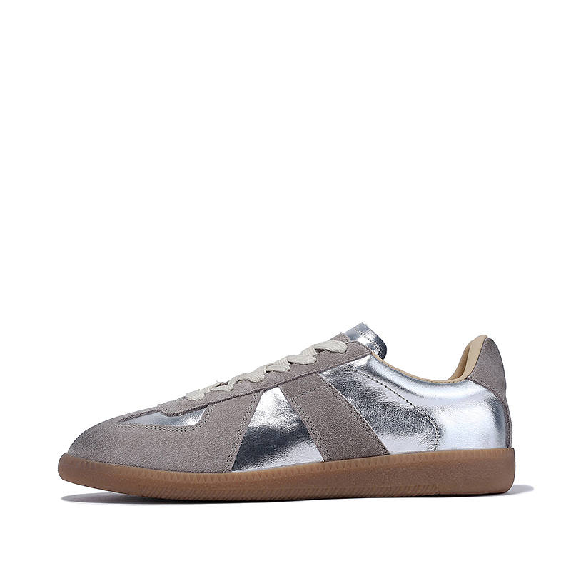 BELLALILY Cow Leather Low top Skateboard Shoes Women's Gray Silver, Gold